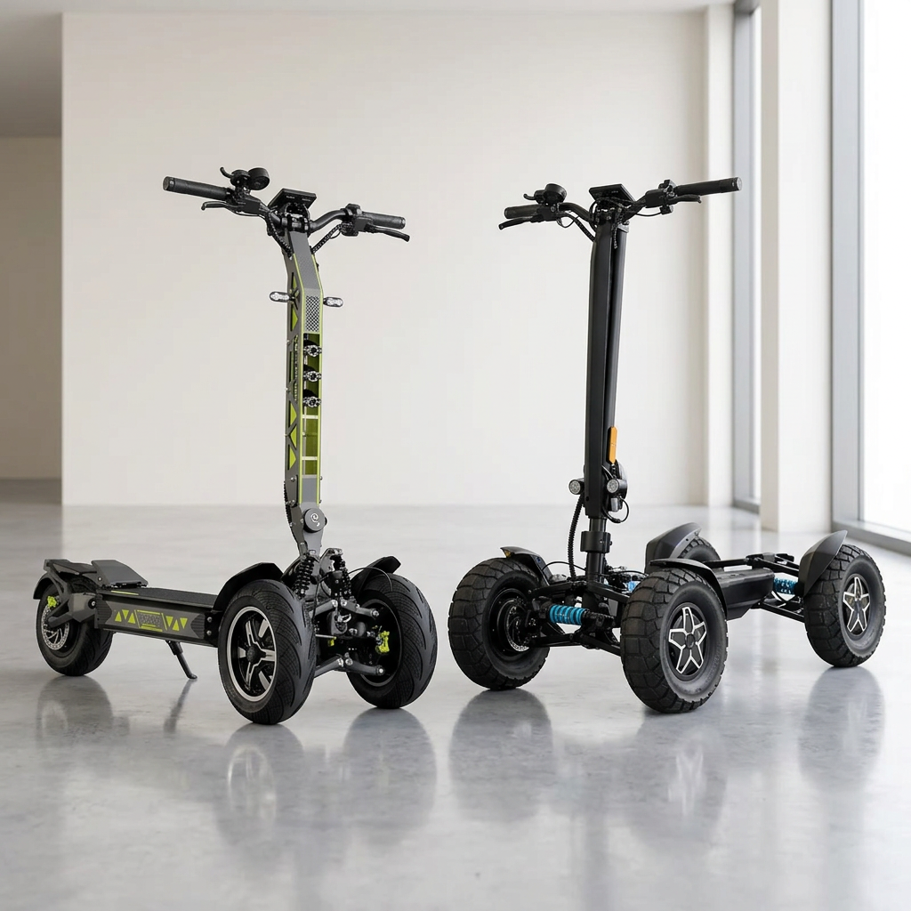 קורקינט חשמלי עם 3 גלגלים וקורקינט 4 גלגלים באולם תצוגה